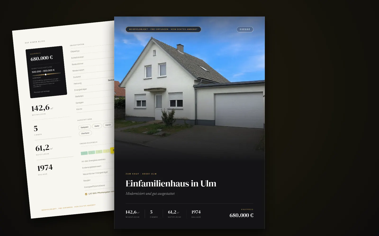 Exposé des Beispielobjekts in Ulm: Titelseite mit Foto, Titel und Kaufpreis, dahinter zwei weitere Seiten